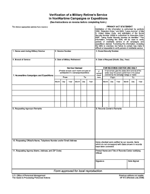 SF 813 Form - Verification of Military Retiree Service