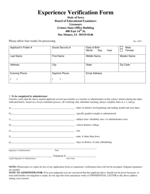 Iowa Teacher Experience Verification Form