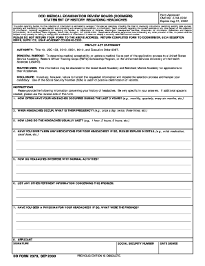 DOD Medical Examination Review Board Headache History Form
