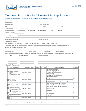 Commercial Umbrella Excess Liability Application