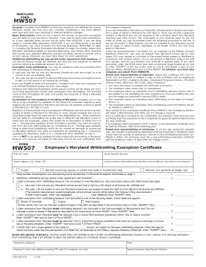 Maryland Form MW507 Employee's Withholding Exemption Certificate