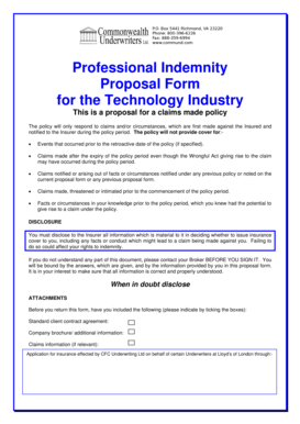 Professional Indemnity Proposal Form for Technology Industry