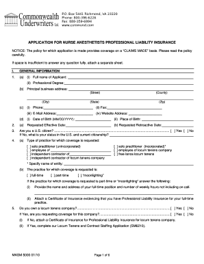 Application for Nurse Anesthetists Professional Liability Insurance