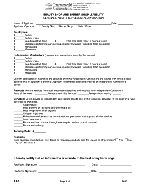 Beauty Shop and Barber Shop Liability Application