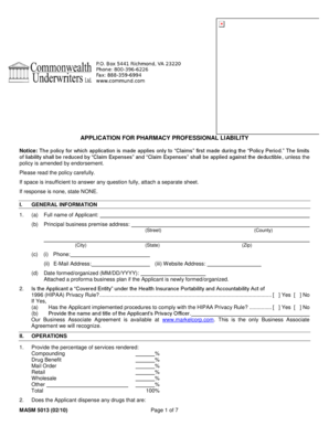 Pharmacy Professional Liability Application