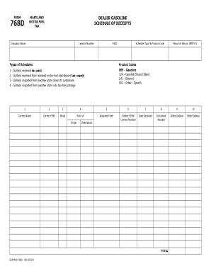 Maryland Dealer Gasoline 768D Motor Fuel Schedule of Receipts