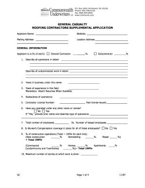 Roofing Contractor Supplemental Application