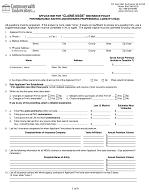 Claims Made Insurance Policy Application