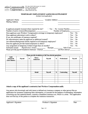 Temporary Employment Agencies Supplement Form