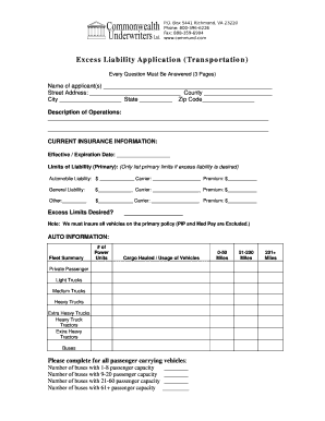 Excess Liability Application for Transportation