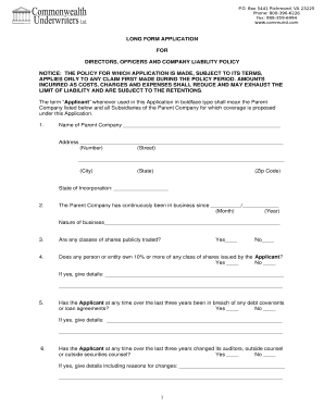 Directors and Officers Liability Insurance Application