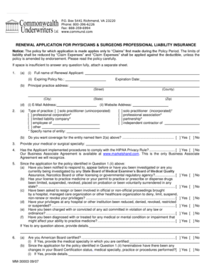 Physicians and Surgeons Professional Liability Insurance Renewal Application