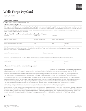 Wells Fargo PayCard Sign-Up Form