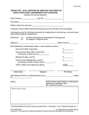 Affidavit for Garnishment of Earnings