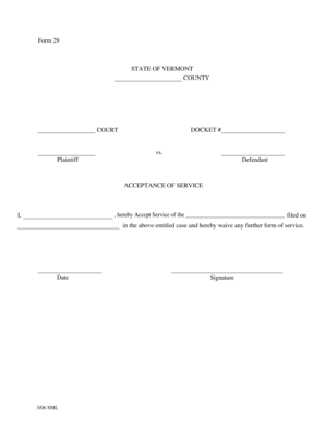 Vermont Acceptance of Service Form