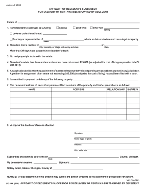 Affidavit of Decedent's Successor for Asset Delivery