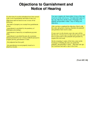 Objections to Garnishment and Notice of Hearing