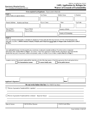 USCIS Form I-602 Waiver of Grounds of Inadmissibility