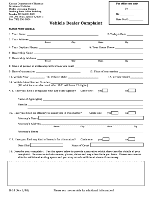 Kansas Vehicle Dealer Complaint Form