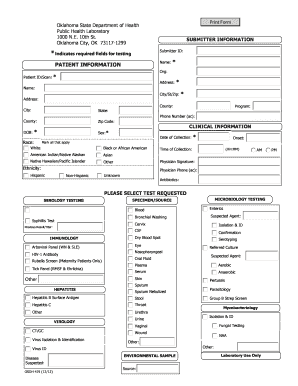 Oklahoma Public Health Lab Test Request Form