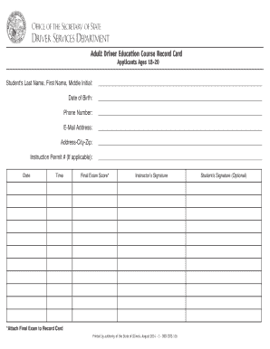 Illinois Adult Driver Education Course Record Card