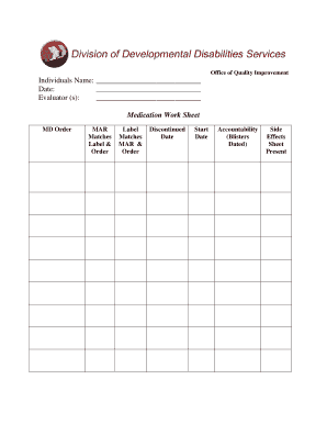 Standing Medical Order Worksheet