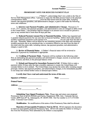 US Federal Promissory Note for Reduced Payment Plan