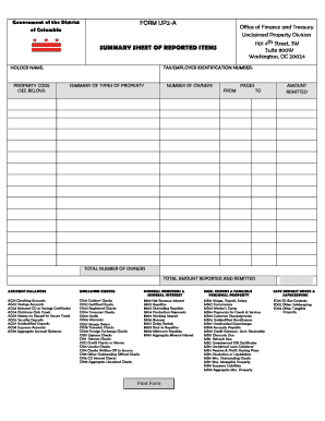 District of Columbia Unclaimed Property Report Form UP2-A