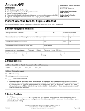 Anthem Blue Cross Health Insurance Product Selection Form