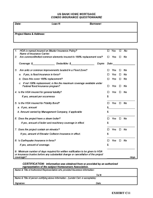 US Bank Home Mortgage Condo Insurance Questionnaire