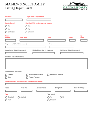 Massachusetts Single Family Listing Input Form