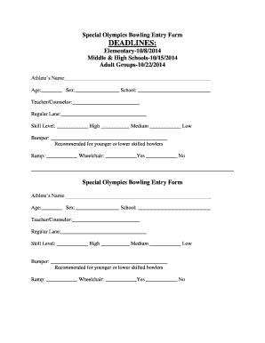 Special Olympics Bowling Entry Form