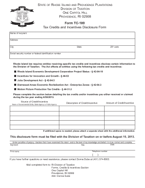 Rhode Island Tax Credits and Incentives Disclosure Form