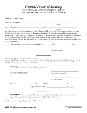 General Power of Attorney for US Treasury Checks