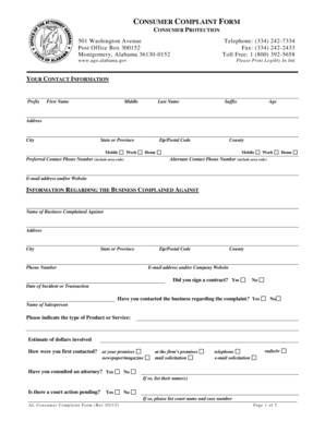 Alabama Consumer Complaint Form