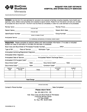 Request for Cost Estimate Hospital and Other Facility Services