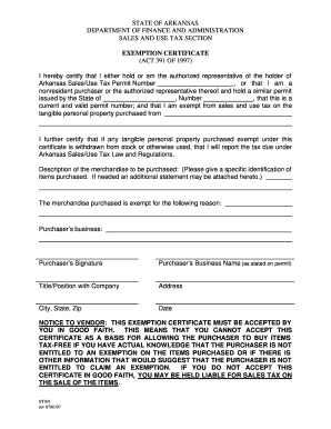 Arkansas Sales and Use Tax Exemption Certificate