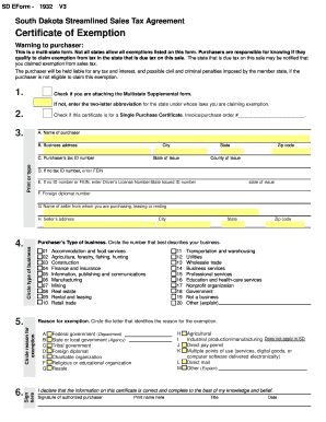 South Dakota Streamlined Sales Tax Agreement Certificate of Exemption