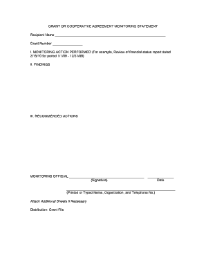 Grant or Cooperative Agreement Monitoring Statement