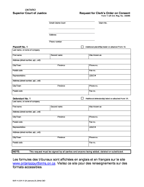 Ontario Superior Court Request for Clerk’s Order on Consent