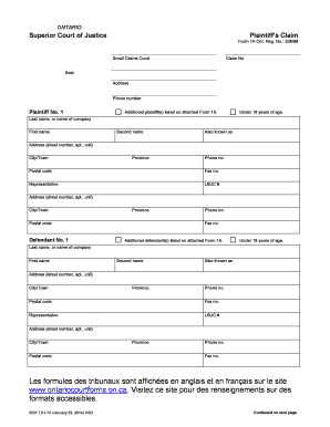 Ontario Superior Court Plaintiff’s Claim Form 7A
