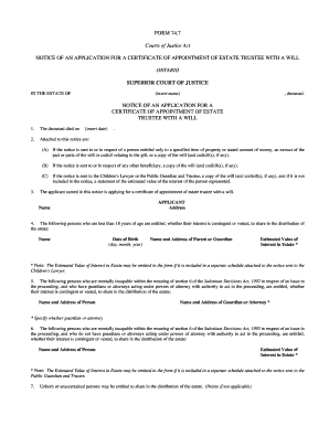 Notice of Application for Certificate of Appointment of Estate Trustee with a Will
