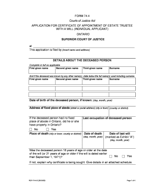 Ontario Application for Certificate of Appointment of Estate Trustee With a Will