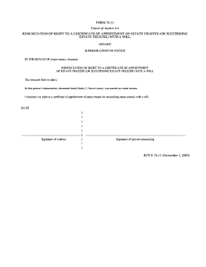 Renunciation of Right to Certificate of Appointment of Estate Trustee