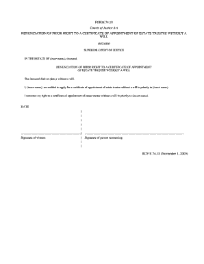 Renunciation of Prior Right to Certificate of Appointment of Estate Trustee Without a Will