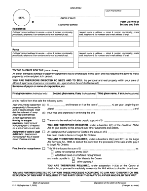 Ontario Writ of Seizure and Sale