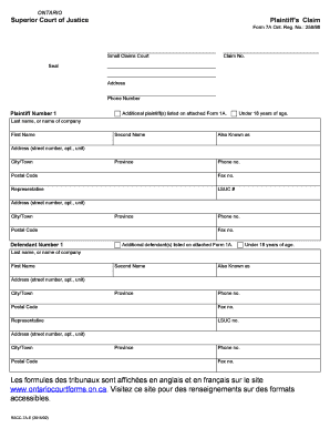 Ontario Superior Court Plaintiff's Claim Form 7A