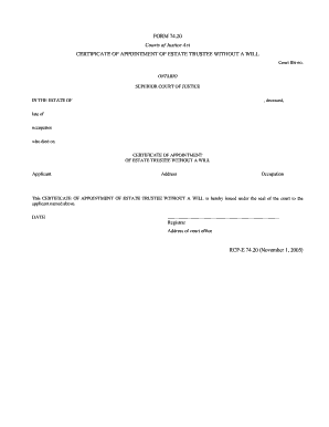 Certificate of Appointment of Estate Trustee Without a Will