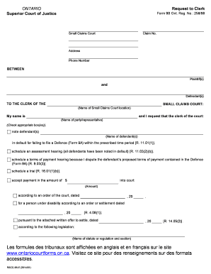 Ontario Small Claims Court Request to Clerk Form 9B