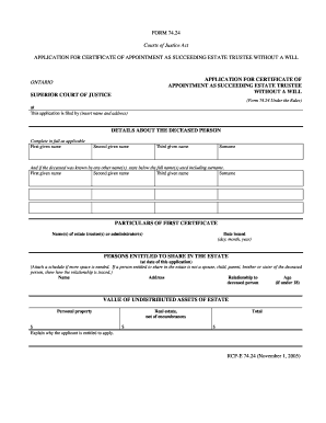Ontario Application for Certificate of Appointment as Succeeding Estate Trustee Without a Will